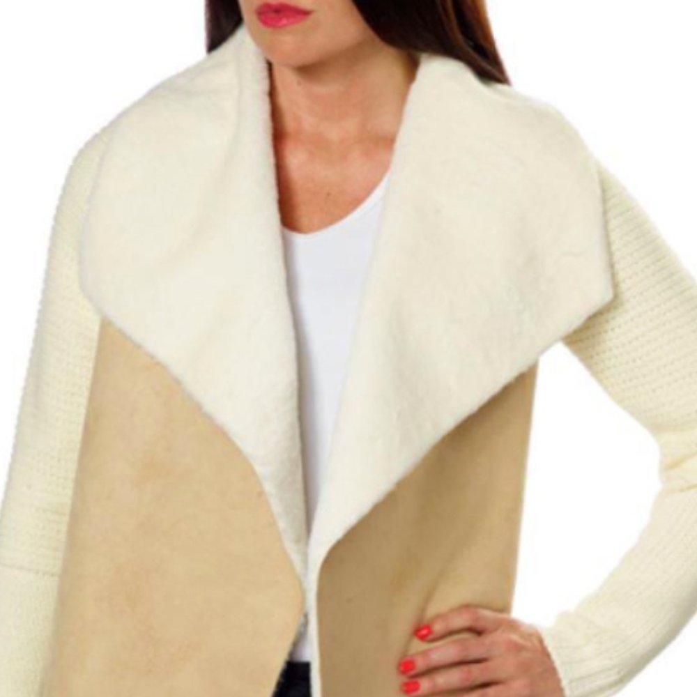 Fever‎ Women's Beige/Tan Cascade Collar Faux Suede Sherpa Knit Jacket Small NWT - Picture 4 of 11